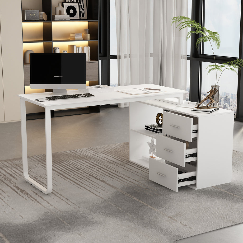 Modern L-Shaped Desk for Office Use Featuring Three Drawers And an Open Storage Shelf, with a Flexible Design Suitable for Both Computer And Administrative Tasks