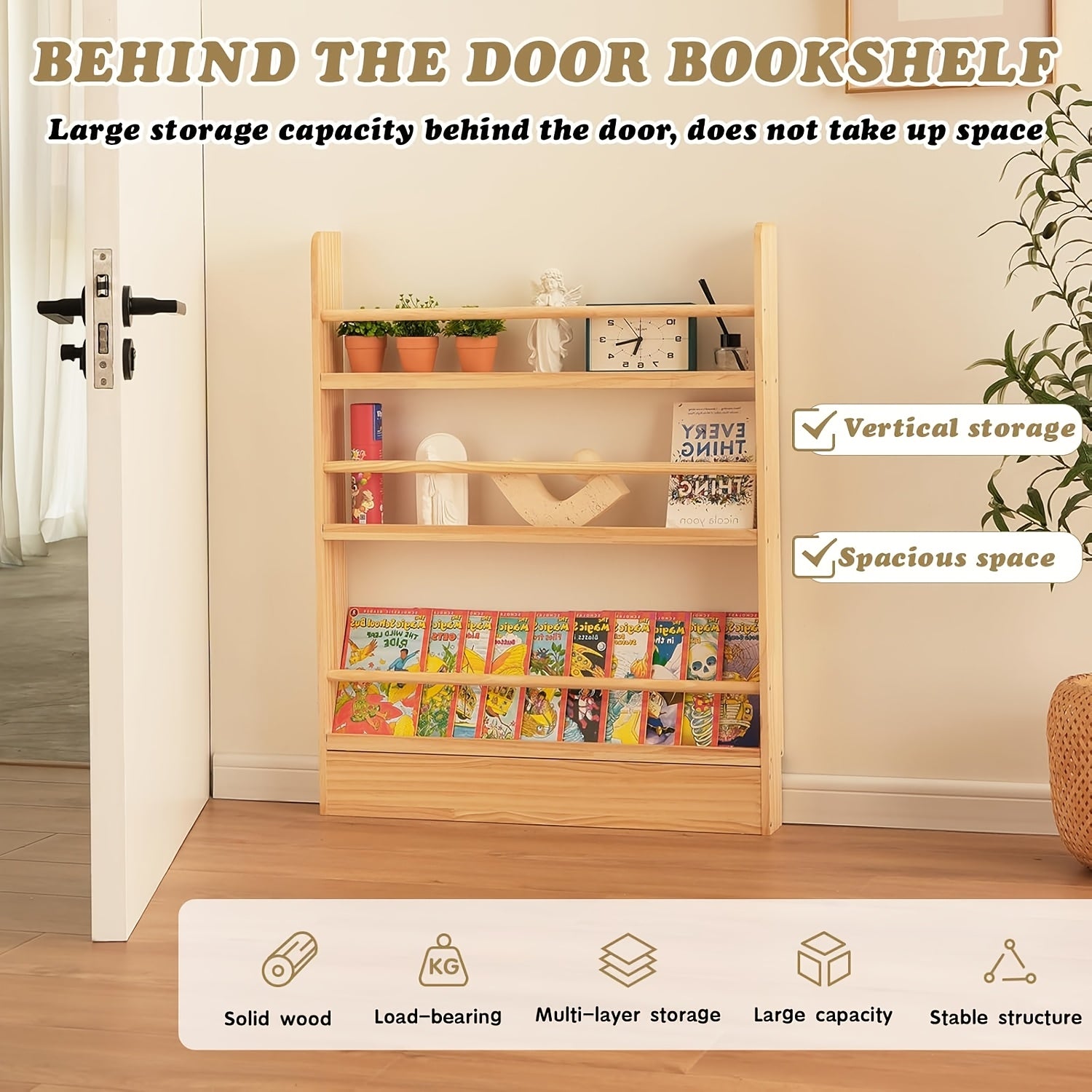 3\u002F4 Layer Bookshelf Behind The Door, Wooden Bookshelf Behind The Door, Space-saving Storybook Storage And Organization Rack