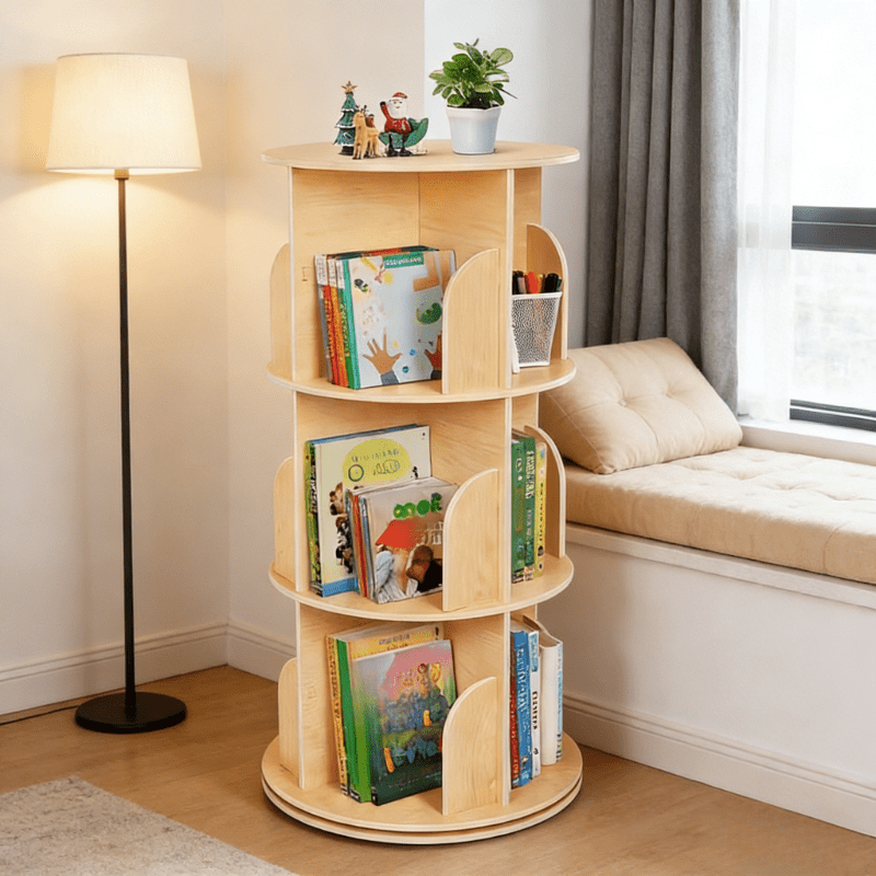 Solid Wood Rotating Bookshelf | 360-Degree Floor-Standing Small Home Bedroom Storage Rack for Picture Books, Wheat-Colored, Holds Approximately 75 Books, No Assembly Required