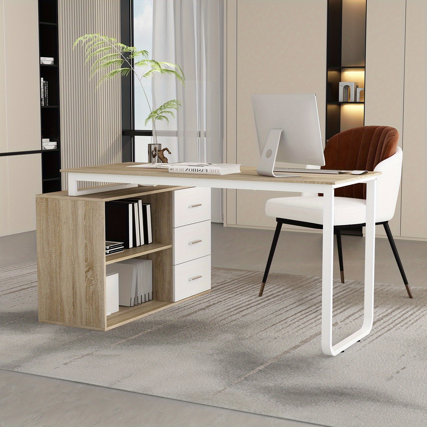 Modern L-Shaped Desk for Office Use Featuring Three Drawers And an Open Storage Shelf, with a Flexible Design Suitable for Both Computer And Administrative Tasks