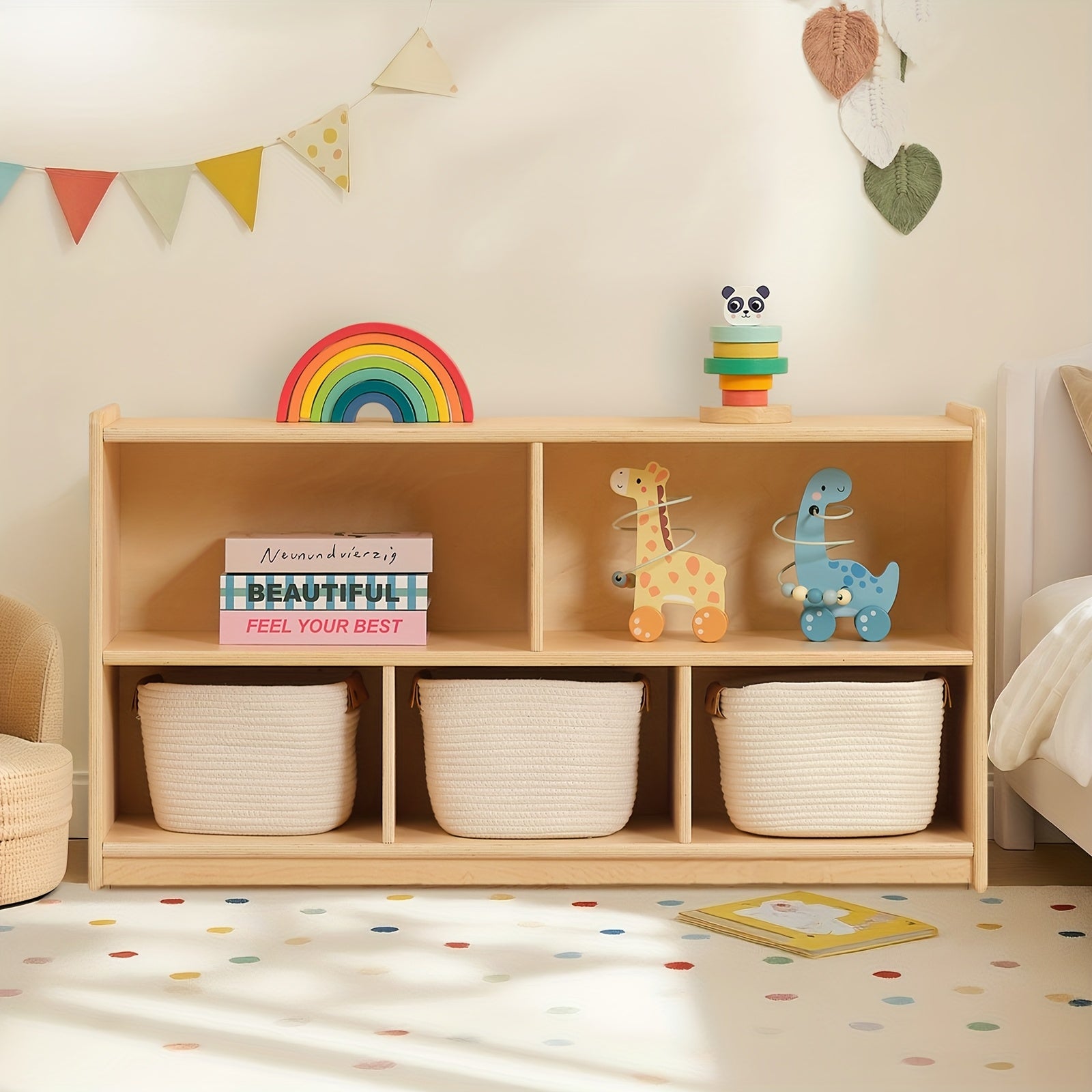 Large Wood Toy Storage Organizer, 2-Shelf Wood Bookshelf, 5-Section Kids Bookshelf, Wooden Storage Cabinet for Classroom, Kids Bookcases And Toddler Toy Shelf for Kids Room, Playroom, Nursery