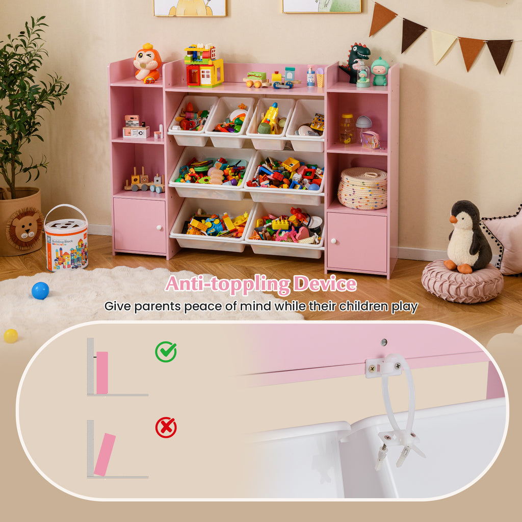 COSTWAY Kids Toy Storage Organizer Shelf, 4-Tier Large Storage Cabinet with 6 Cubbies & 8 Removable Bins, Childrens Storage Rack with Bookshelf for Living Room, Bedroom, Playroom & Nursery