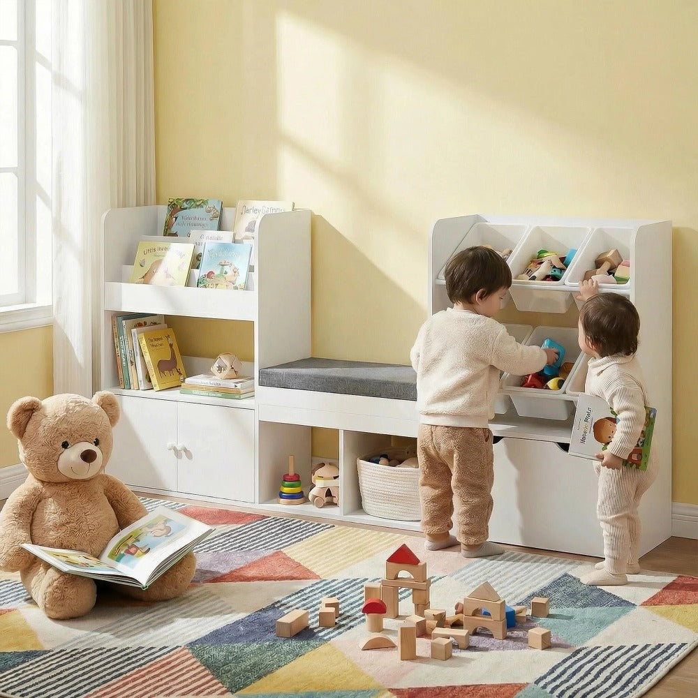 Kids Bookshelf with Reading Nook & Storage Bench, 73' Toy Organizer with Movable Drawer & 6 Removable Bins, Reading Corner Furniture for Playroom (White Toy Bins)