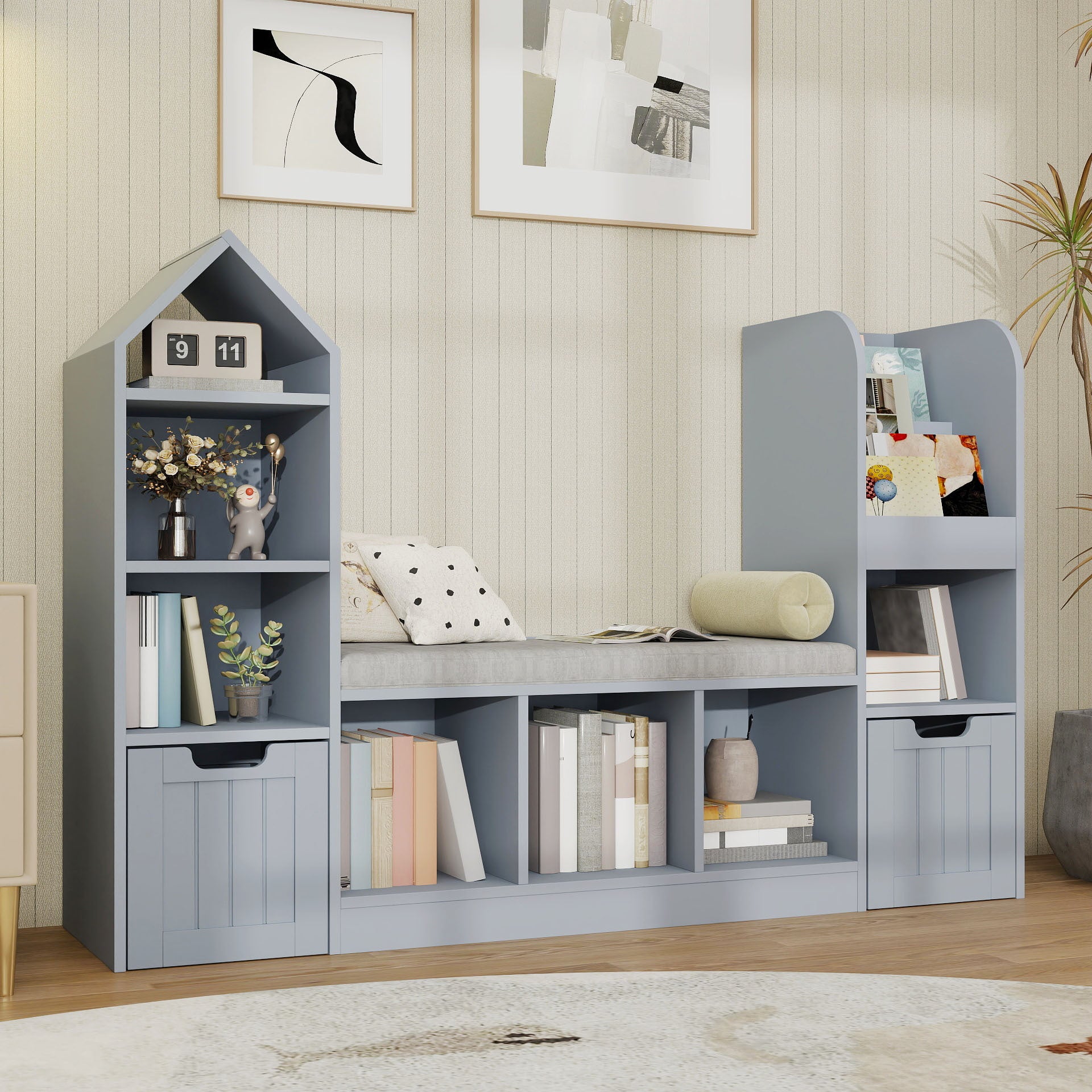 Nordic Style Bookcase with Reading Nook | Space-Saving Storage Cabinet with 7 Cubbies, 2 Movable Drawers & Seat Cushion, Multifunctional Organizer for Living Room, Bedroom, Office, Wood Color, Hardwood Material, VABCHES Brand