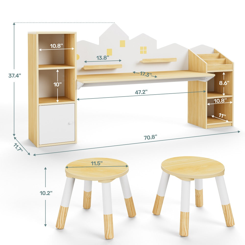 Kids Desk with Bookshelves And 2 Stools, Wooden Kids Desk And Chair Set with 5 Storage Cabinets, Children Writing Drawing Table, Student Kid Study Table for Ages 3-8, Bedroom, 71', Boys, Girls