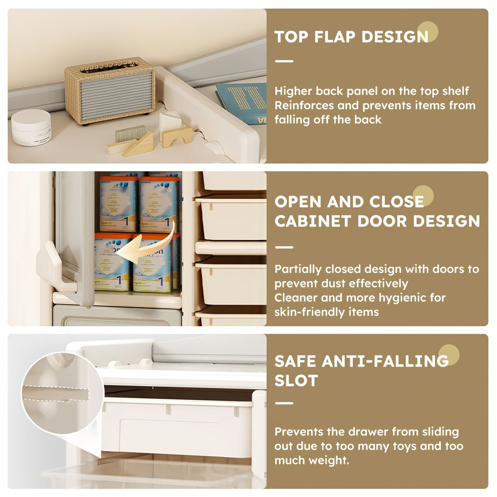 Beige Multi-Tiered Plastic Storage Unit Featuring a Cartoon Train Design, Includes 2 Cabinets And 10 Storage Bins, Easy to Assemble, Ideal for Living Rooms, Dining Areas, And Game Rooms