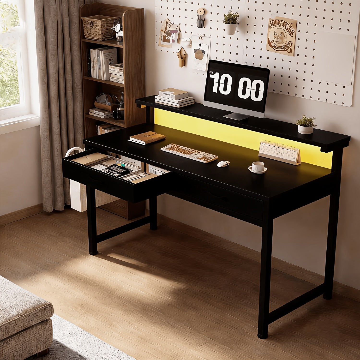 Desk with Drawer &Shelves, Gaming Desk, Home Office Suitable for Office, Desk - with LED Light, with Monitor Stand, Computer Desk, Desk Gaming, Gaming Desk, Desks for Home Office, Living Room, Easy Assembly, for Small Spaces