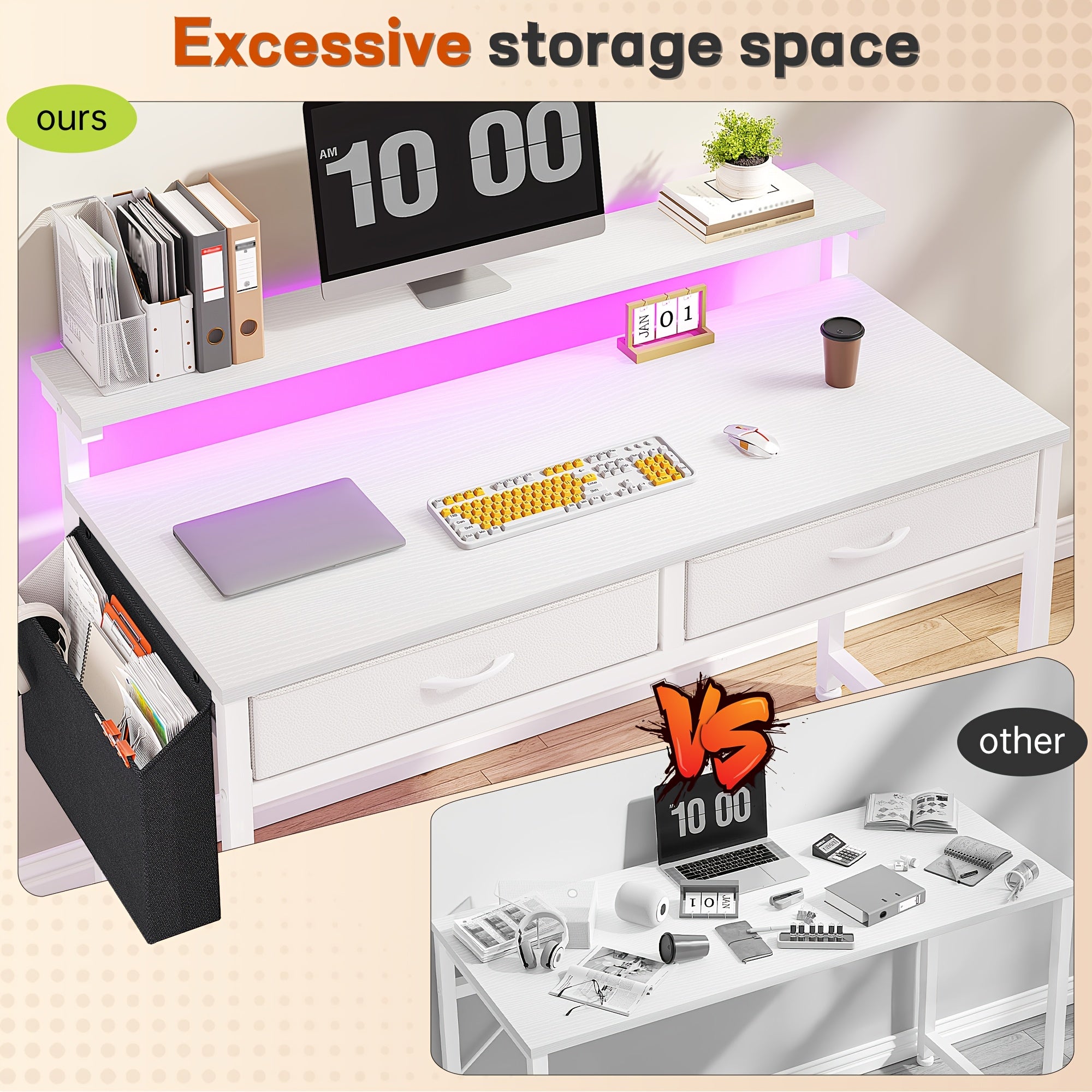 Desk with Drawer &Shelves, Gaming Desk, Home Office Suitable for Office, Desk - with LED Light, with Monitor Stand, Computer Desk, Desk Gaming, Gaming Desk, Desks for Home Office, Living Room, Easy Assembly, for Small Spaces