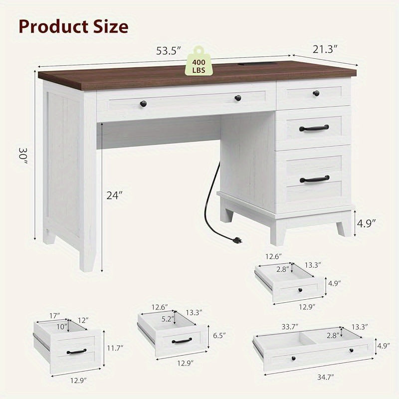 53. 5 Inch Desk with Drawers, Home Office Desk, Executive Desk with Filing Cabinet, Computer Desk for Work, Study, Writing, Suitable for Bedroom, Study, Home Office
