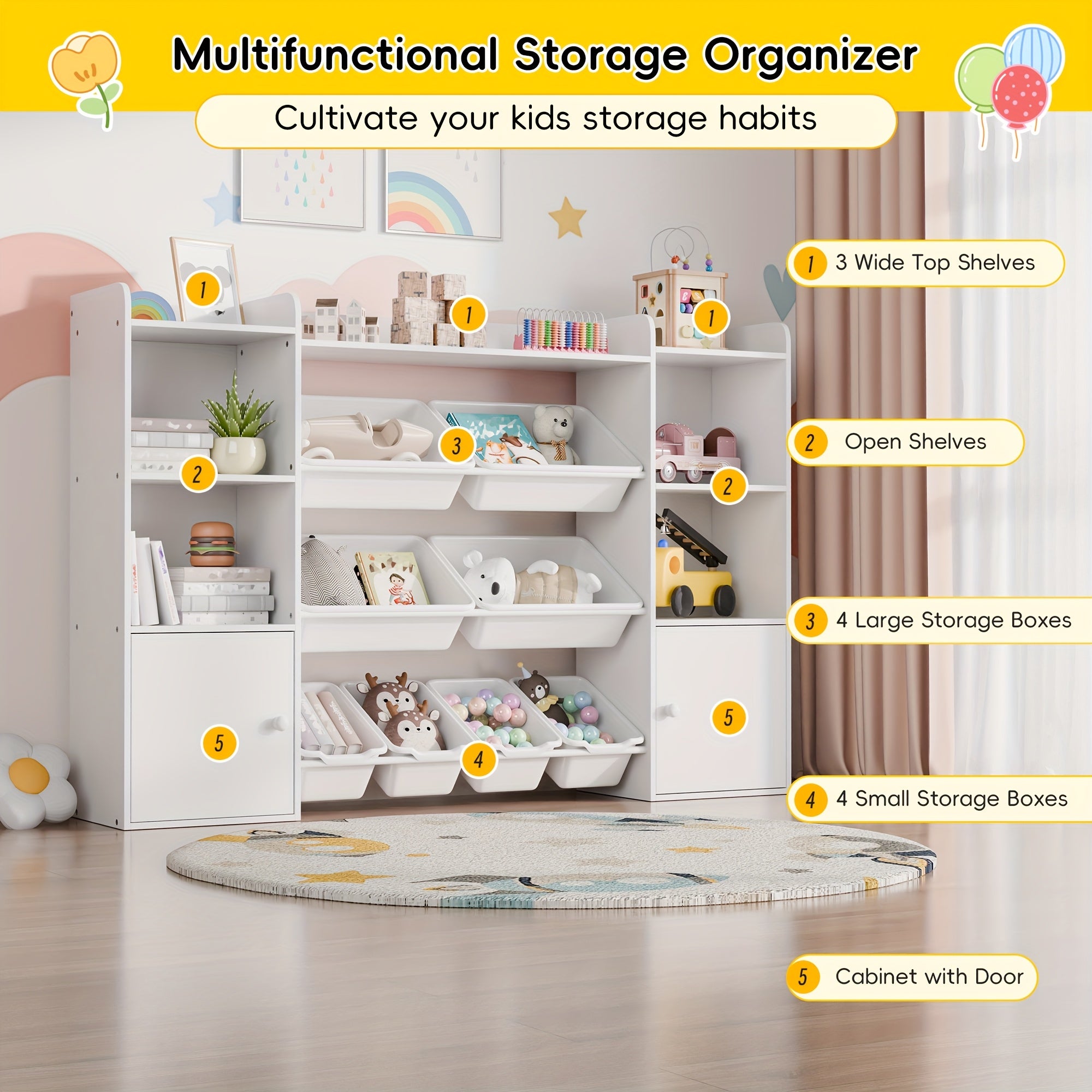 Kids Storage Organizer W\u002F8 Removable Bins, 4-Tier Organizers W\u002F6 Storage Cubbies, Kids Bookshelf And Storage for Playroom, Bedroom, Kids Room, Classroom