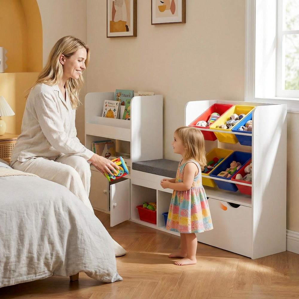 Kids Bookshelf with Reading Nook & Storage Bench, 73' Toy Organizer with Movable Drawer & 6 Removable Bins, Reading Corner Furniture for Playroom (White Toy Bins)