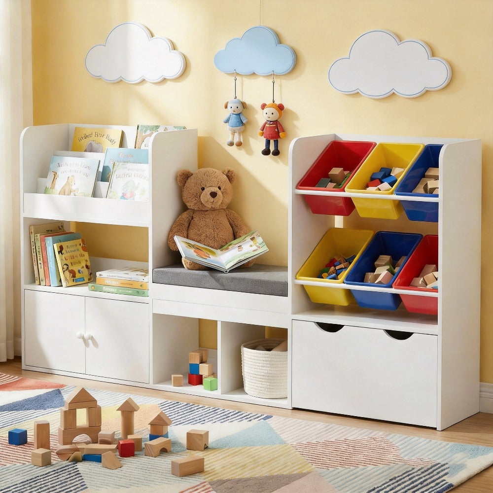 Kids Bookshelf with Reading Nook & Storage Bench, 73' Toy Organizer with Movable Drawer & 6 Removable Bins, Reading Corner Furniture for Playroom (White Toy Bins)