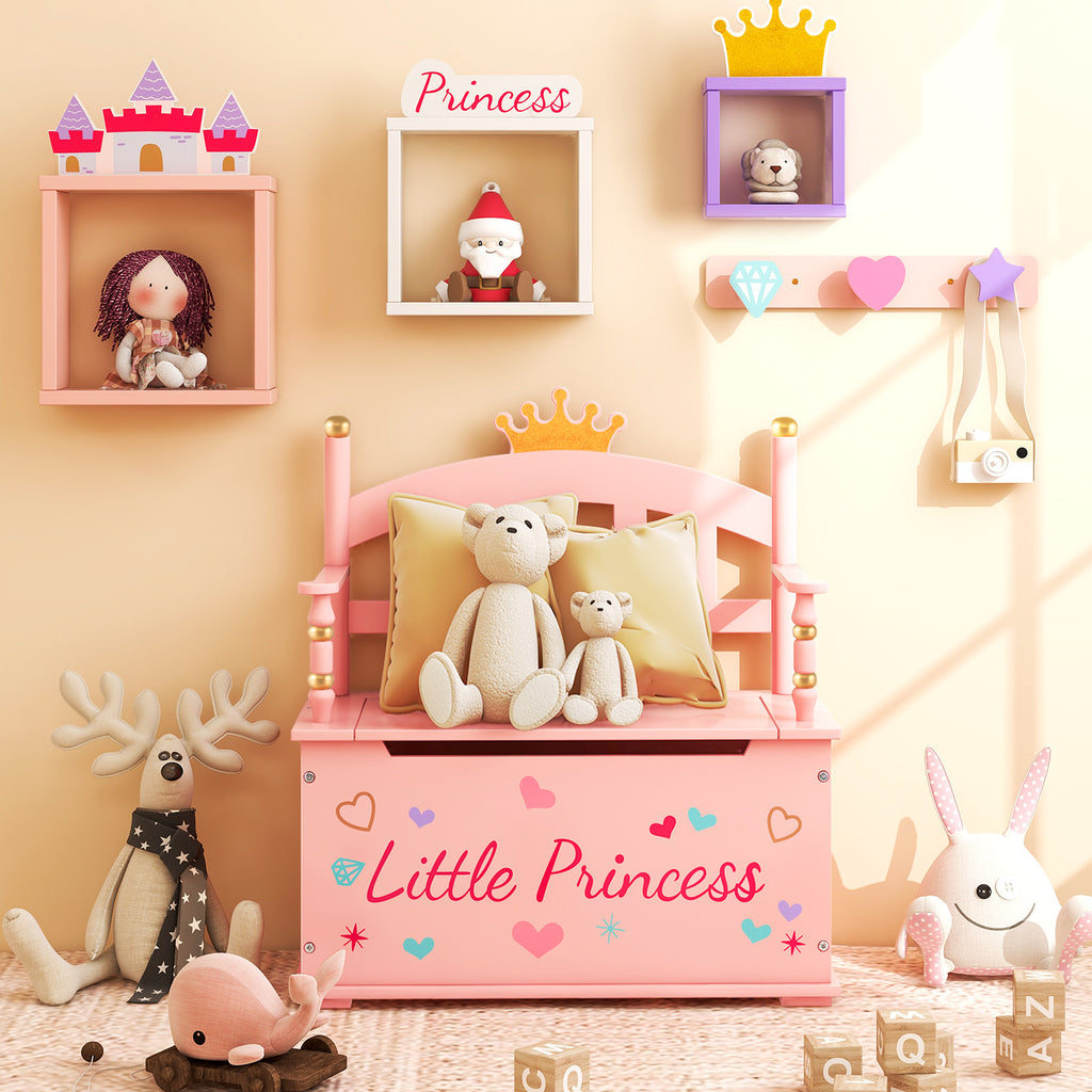 COSTWAY Kids Toy Storage Organizer, 2-in-1 Toy Storage Chest & Bench, w\u002F Safety Hinge & High Backrest, Cute Crown Pattern, Toy Storage Organizer for Kids Room, Playroom, Nursery