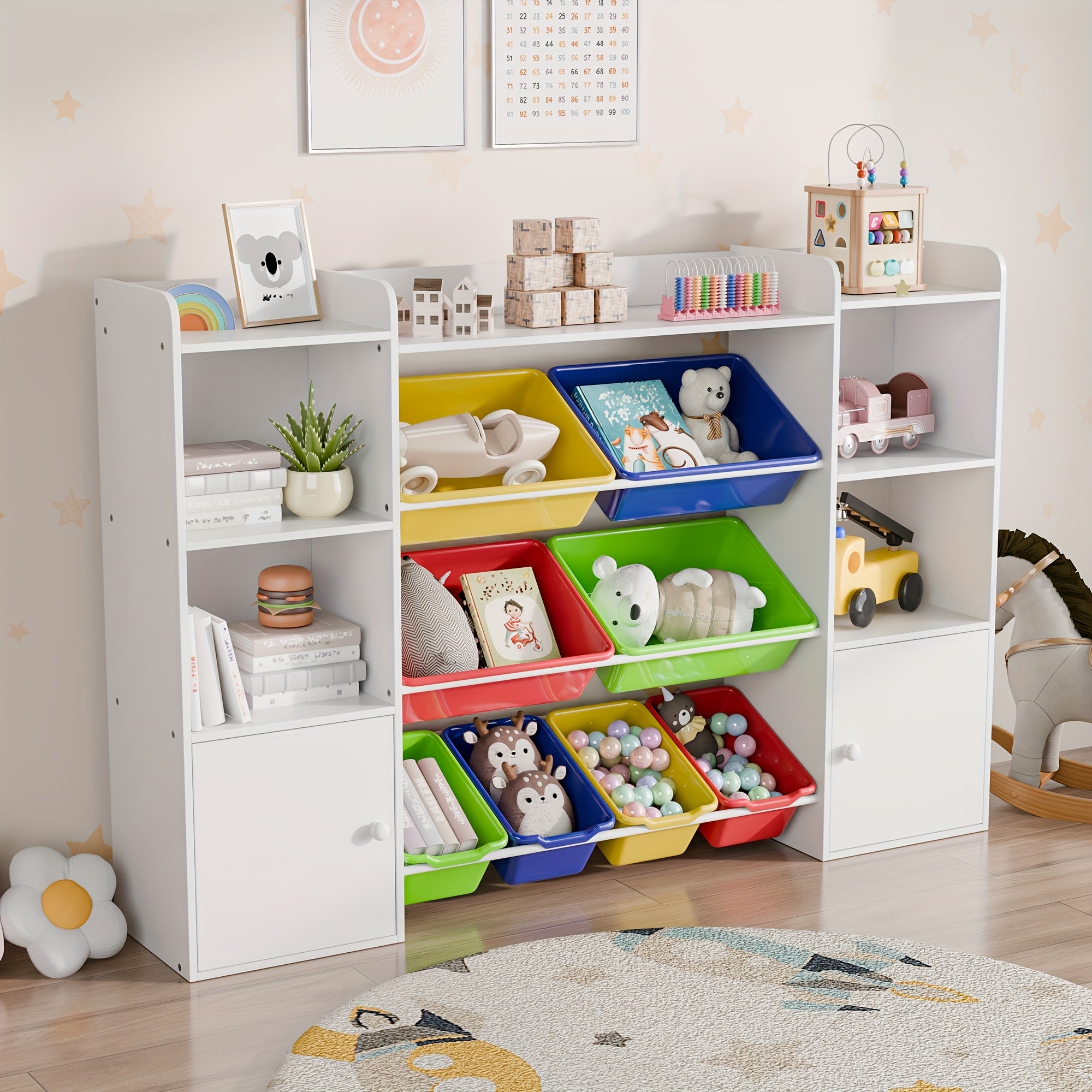 Kids Storage Organizer W\u002F8 Removable Bins, 4-Tier Organizers W\u002F6 Storage Cubbies, Kids Bookshelf And Storage for Playroom, Bedroom, Kids Room, Classroom