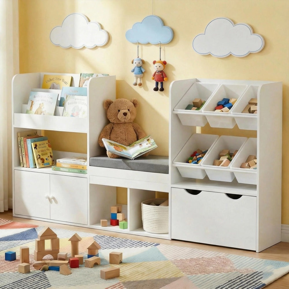 Kids Bookshelf with Reading Nook & Storage Bench, 73' Toy Organizer with Movable Drawer & 6 Removable Bins, Reading Corner Furniture for Playroom (White Toy Bins)
