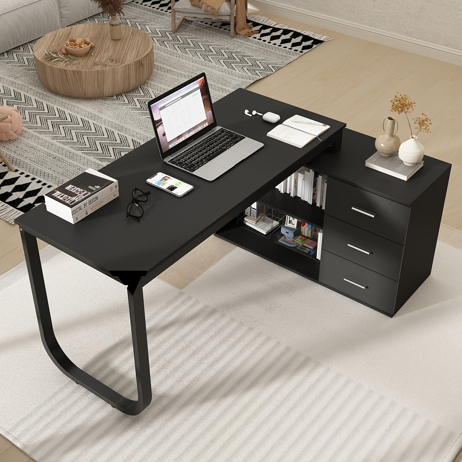 55'' W L-Shaped Home Office Computer Desk with Storage, Corner Office Desk with 3 Drawers & 2 Shelves, Workstation for Office, Study Room, Modern Design