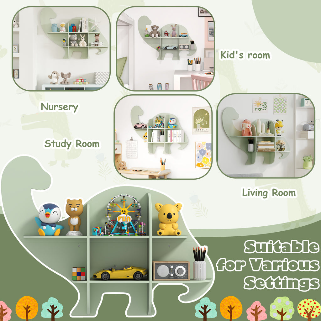 COSTWAY Dinosaur Kids Bookshelf Wall-Mounted 2-Tier MDF Hanging Bookcase with Dinosaur-Shaped Top Shelf, Space-Saving Nursery Shelf for Room, Playroom, Kindergarten - Rounded Corners & Non-Slip Pads Suitable for Kids Age 3+