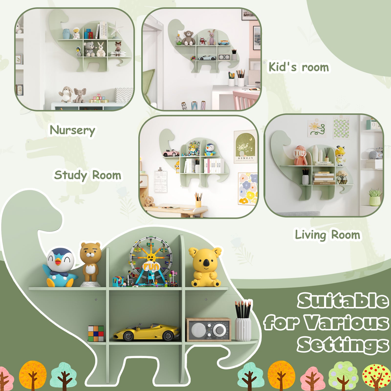 COSTWAY Dinosaur Kids Bookshelf Wall-Mounted 2-Tier MDF Hanging Bookcase with Dinosaur-Shaped Top Shelf, Space-Saving Nursery Shelf for Room, Playroom, Kindergarten - Rounded Corners & Non-Slip Pads Suitable for Kids Age 3+