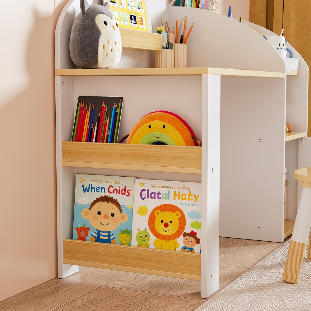 Kids Desk And Chair Set with Storage And 1 Stool, Wooden Kids Desk W\u002F 2 Storage Cabinets And Bookshelves, Children Writing Drawing Table, Student Kid Study Table for Boys, Girls