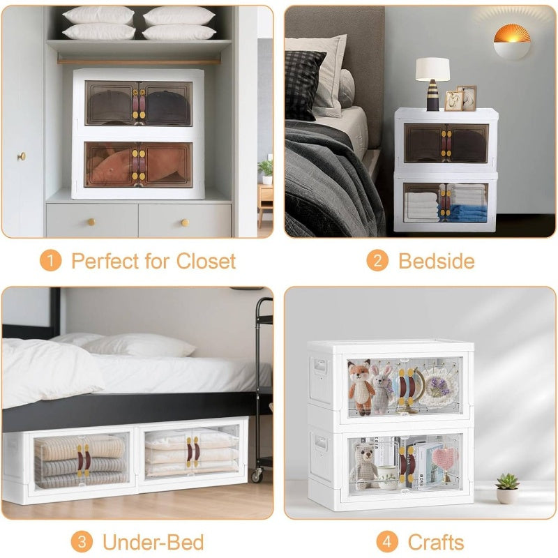 4pcs 140QT Stackable Plastic Storage Bins with Lids and Handles | Foldable Collapsible Closet Organizer with Magnetic and Side Locking, Ideal for Living Room, Office, Garages, Storage Boxes for Organizing