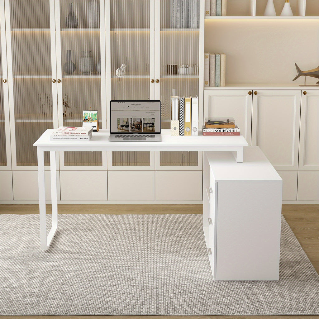 Modern L-Shaped Desk for Office Use Featuring Three Drawers And an Open Storage Shelf, with a Flexible Design Suitable for Both Computer And Administrative Tasks