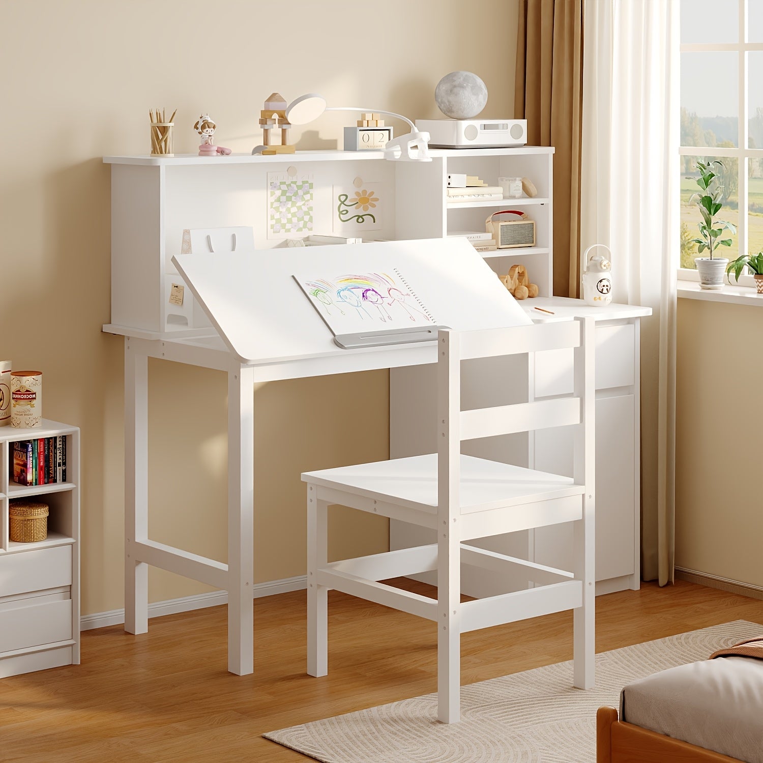 Contemporary Workstation Featuring Adjustable LED Lighting And a Flip-Top Surface, Includes a Drawer, Open Shelving, And a File Cabinet, Accompanied by a Stool, Designed with a Sleek And Minimalist Aesthetic in White