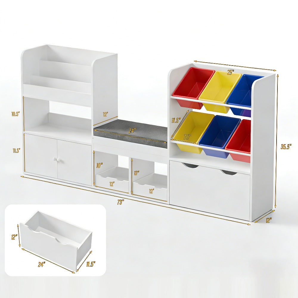 Kids Bookshelf with Reading Nook & Storage Bench, 73' Toy Organizer with Movable Drawer & 6 Removable Bins, Reading Corner Furniture for Playroom (White Toy Bins)