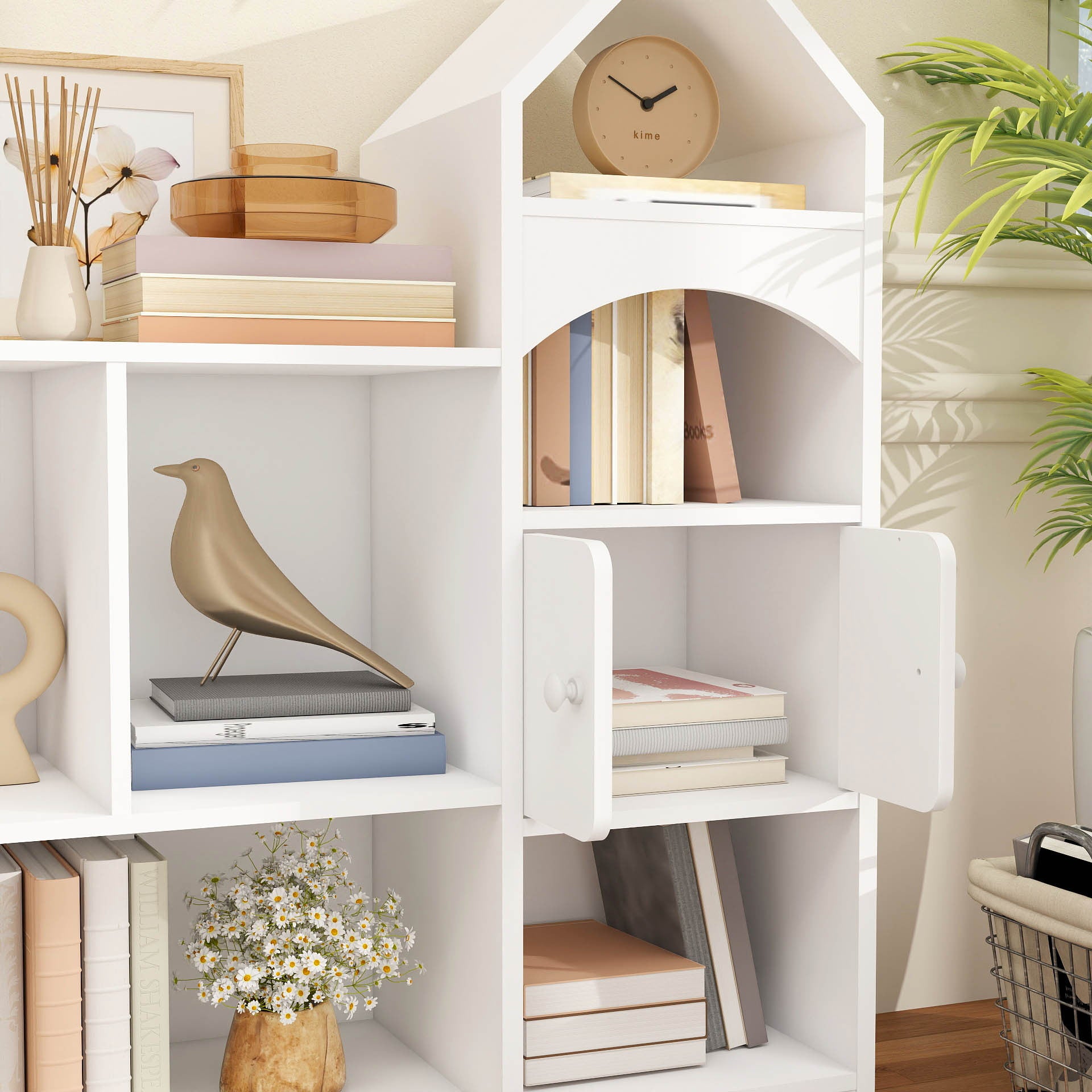 A Storage Cabinet And Bookcase Designed Like a Castle, This Versatile Organizer Shelf Is Perfect for Keeping Books And Everyday Items. Featuring a Magical Castle Design in a Sleek White End