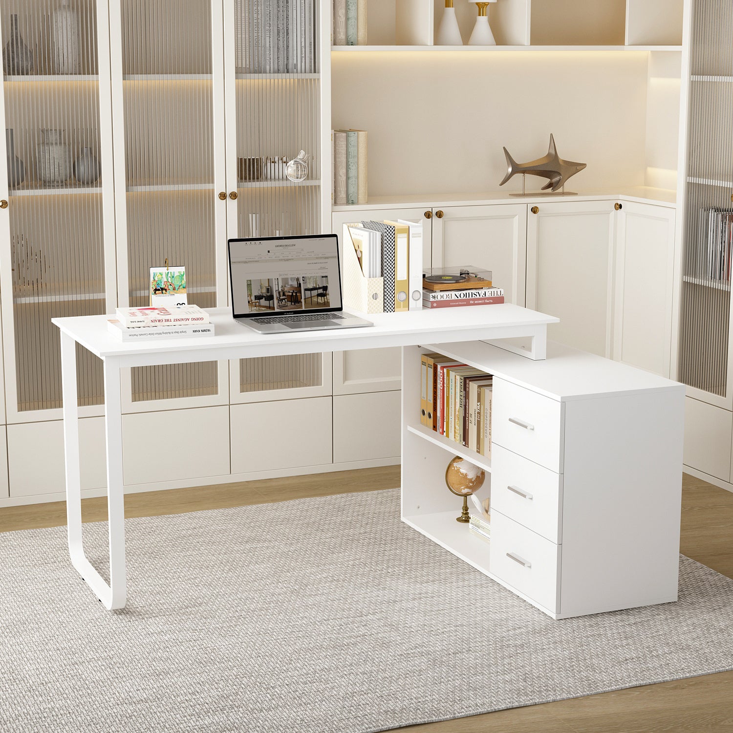 Modern L-Shaped Desk for Office Use Featuring Three Drawers And an Open Storage Shelf, with a Flexible Design Suitable for Both Computer And Administrative Tasks