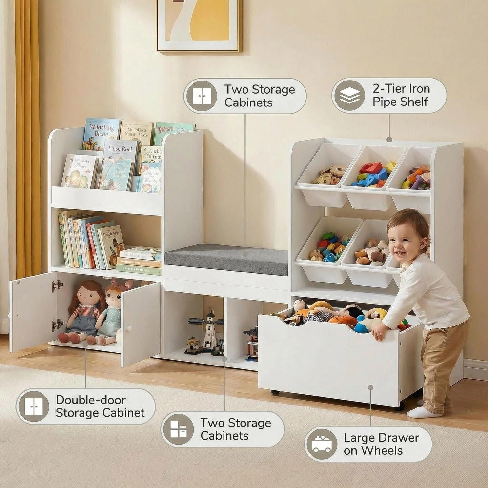 Kids Bookshelf with Reading Nook & Storage Bench, 73' Toy Organizer with Movable Drawer & 6 Removable Bins, Reading Corner Furniture for Playroom (White Toy Bins)