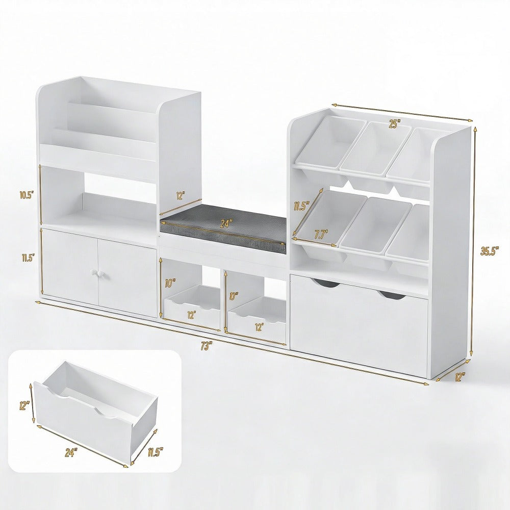 Kids Bookshelf with Reading Nook & Storage Bench, 73' Toy Organizer with Movable Drawer & 6 Removable Bins, Reading Corner Furniture for Playroom (White Toy Bins)