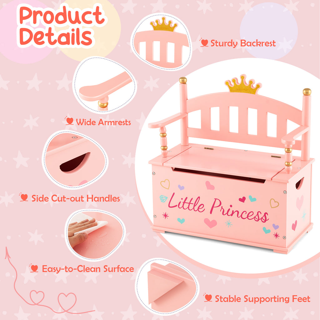 COSTWAY Kids Toy Storage Organizer, 2-in-1 Toy Storage Chest & Bench, w\u002F Safety Hinge & High Backrest, Cute Crown Pattern, Toy Storage Organizer for Kids Room, Playroom, Nursery