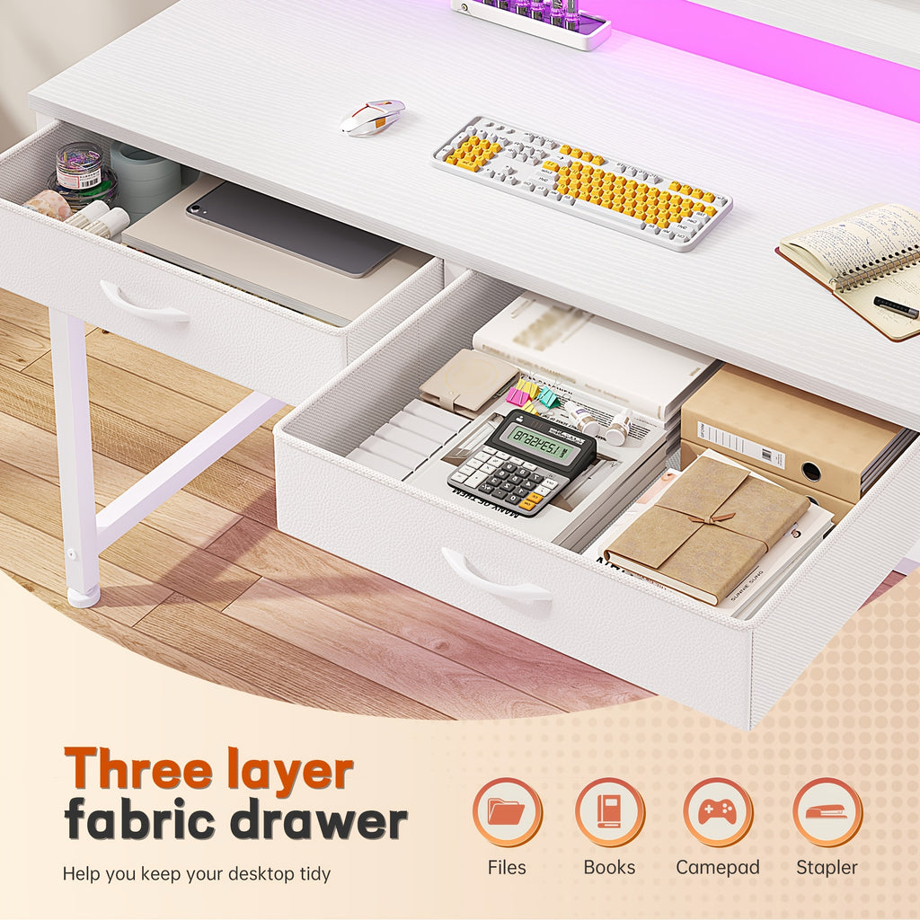 Desk with Drawer &Shelves, Gaming Desk, Home Office Suitable for Office, Desk - with LED Light, with Monitor Stand, Computer Desk, Desk Gaming, Gaming Desk, Desks for Home Office, Living Room, Easy Assembly, for Small Spaces