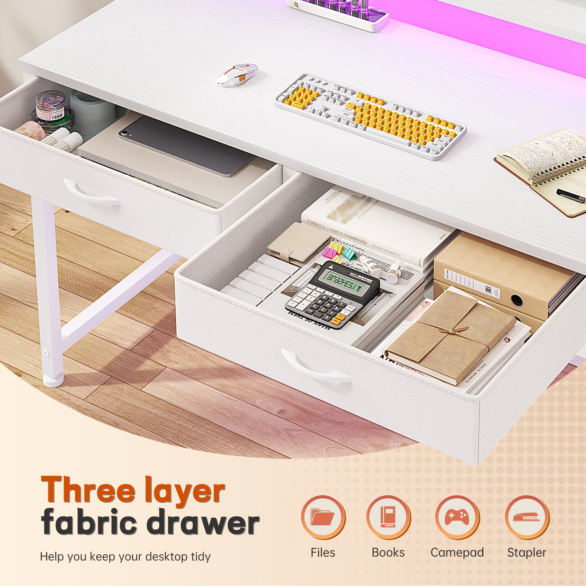 Desk with Drawer &Shelves, Gaming Desk, Home Office Suitable for Office, Desk - with LED Light, with Monitor Stand, Computer Desk, Desk Gaming, Gaming Desk, Desks for Home Office, Living Room, Easy Assembly, for Small Spaces