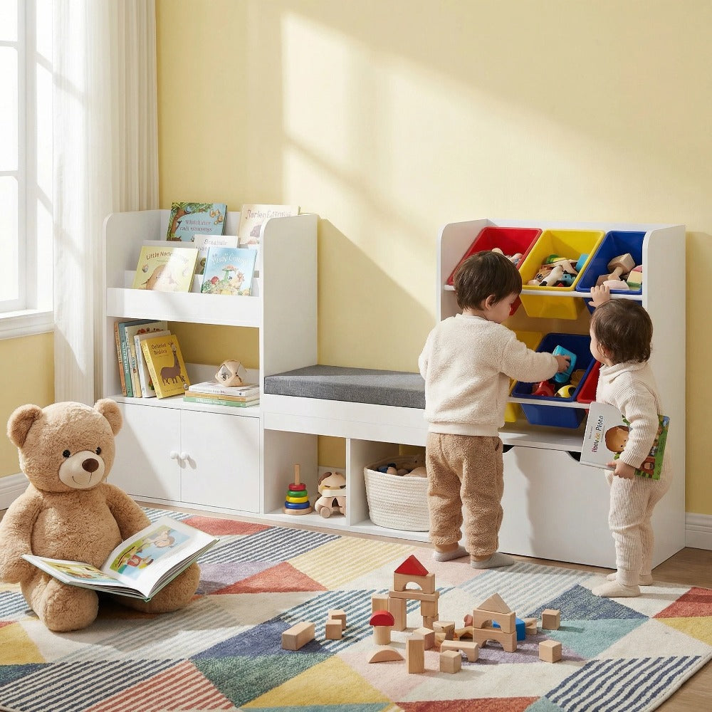 Kids Bookshelf with Reading Nook & Storage Bench, 73' Toy Organizer with Movable Drawer & 6 Removable Bins, Reading Corner Furniture for Playroom (White Toy Bins)