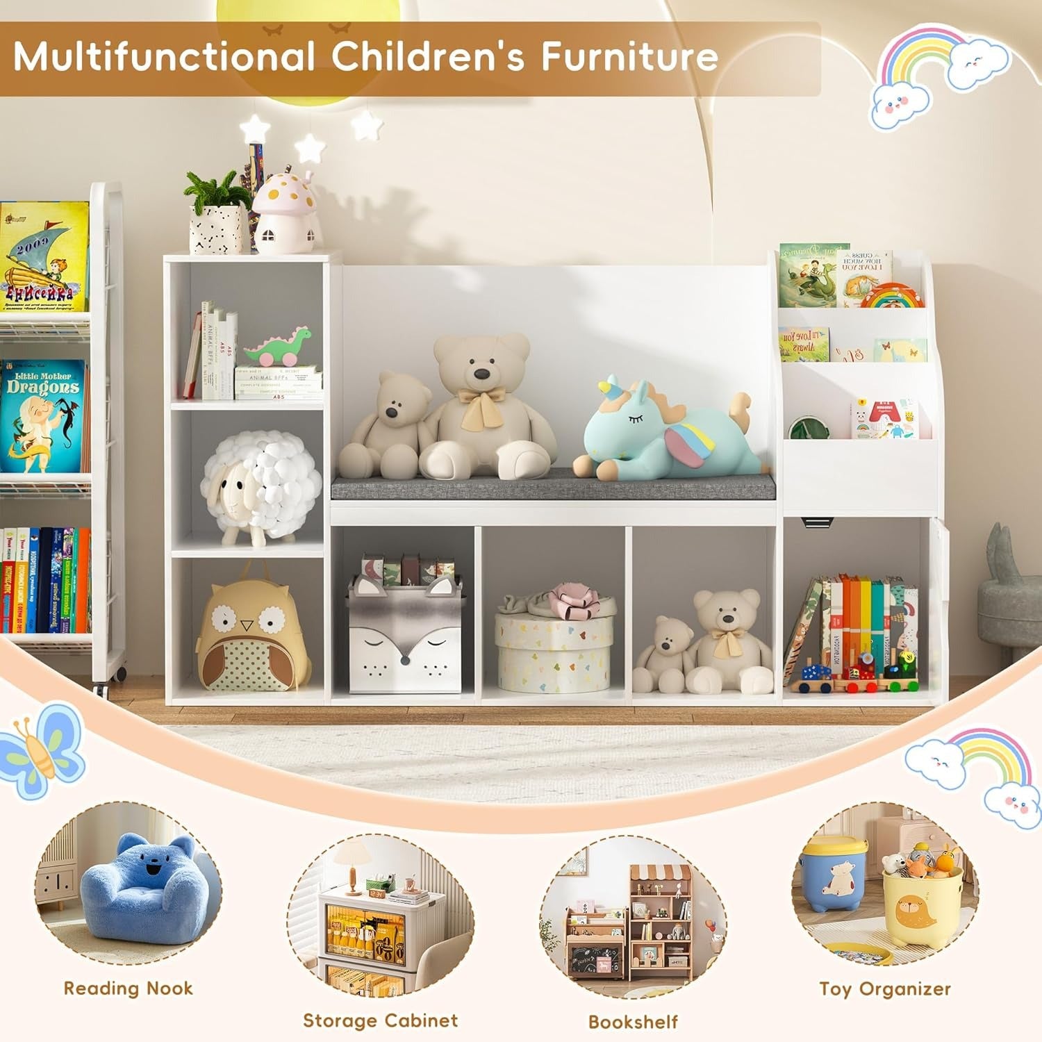 Bookshelf Featuring a Cozy Reading Area, Storage for Toys And Books, a Shelf with a Seat Cushion, And Seven Cubbies for Organizing in a Nursery, Bedroom, Or Playroom. Color: White