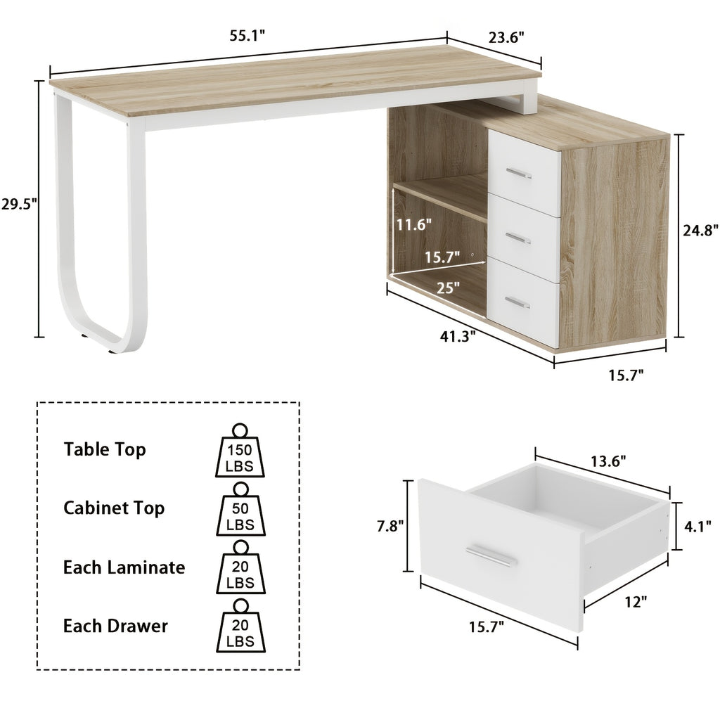 55'' W L-Shaped Home Office Computer Desk with Storage, Corner Office Desk with 3 Drawers & 2 Shelves, Workstation for Office, Study Room, Modern Design