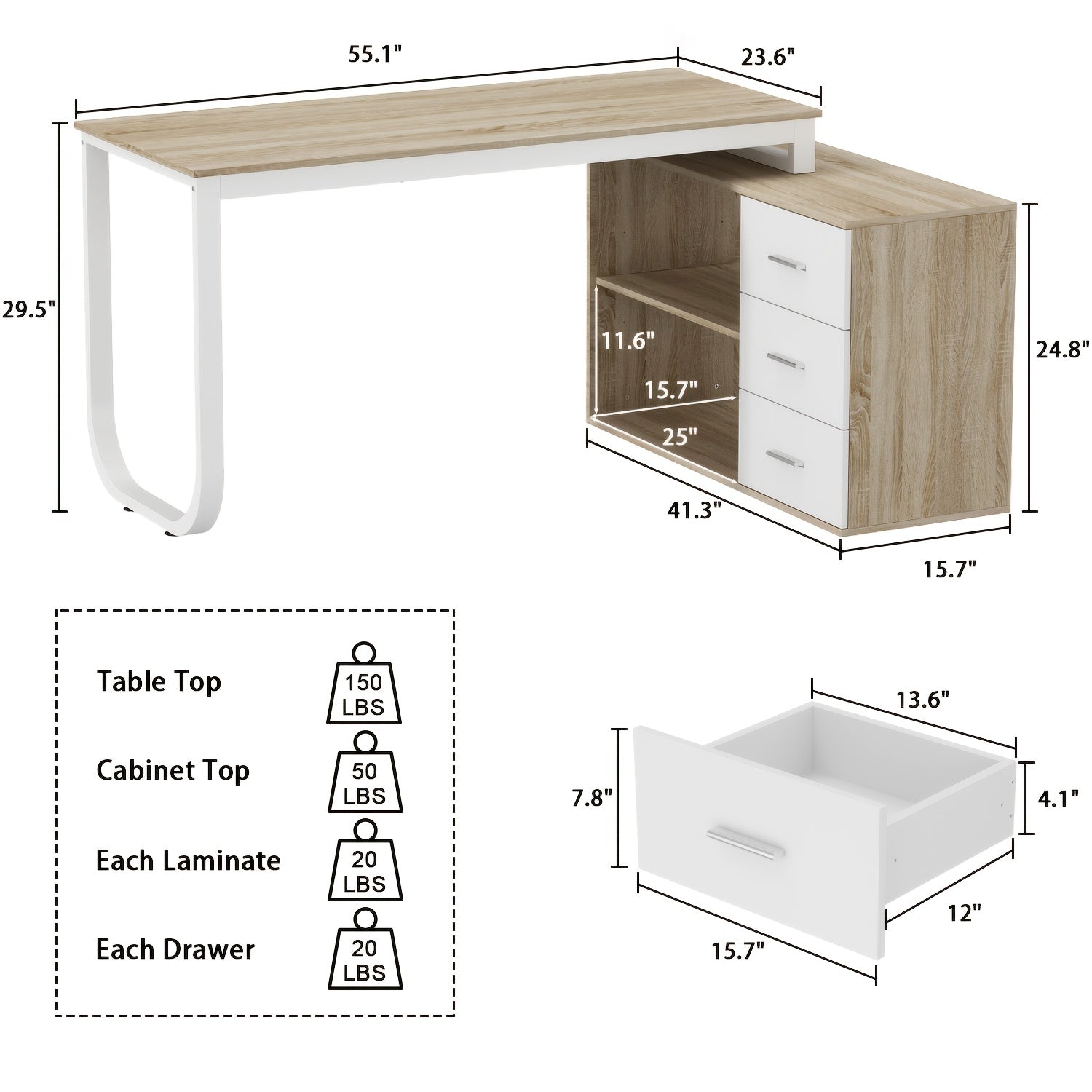 55'' W L-Shaped Home Office Computer Desk with Storage, Corner Office Desk with 3 Drawers & 2 Shelves, Workstation for Office, Study Room, Modern Design