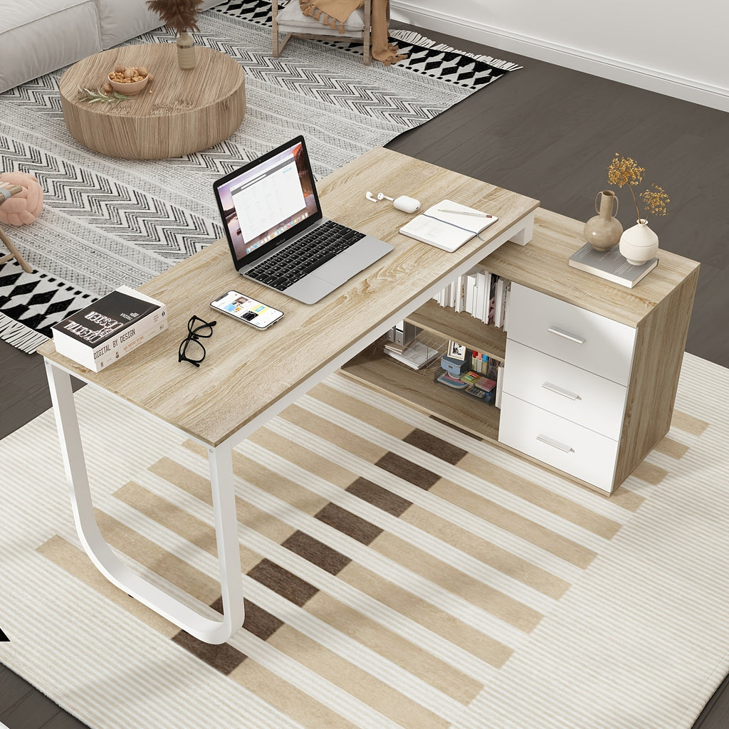 55'' W L-Shaped Home Office Computer Desk with Storage, Corner Office Desk with 3 Drawers & 2 Shelves, Workstation for Office, Study Room, Modern Design