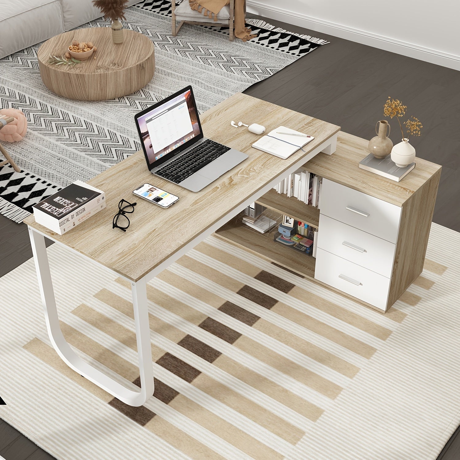 55'' W L-Shaped Home Office Computer Desk with Storage, Corner Office Desk with 3 Drawers & 2 Shelves, Workstation for Office, Study Room, Modern Design