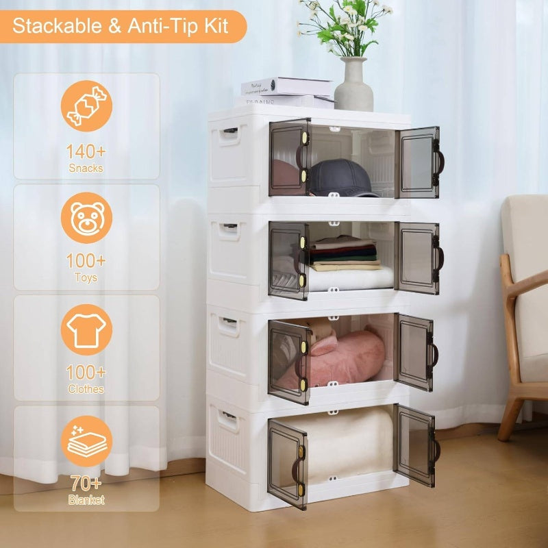 4pcs 140QT Stackable Plastic Storage Bins with Lids and Handles | Foldable Collapsible Closet Organizer with Magnetic and Side Locking, Ideal for Living Room, Office, Garages, Storage Boxes for Organizing