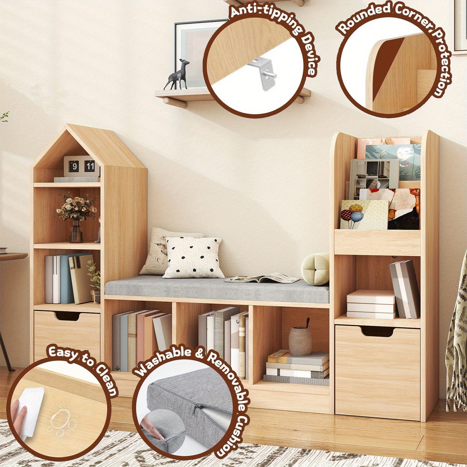 Nordic Style Bookcase with Reading Nook | Space-Saving Storage Cabinet with 7 Cubbies, 2 Movable Drawers & Seat Cushion, Multifunctional Organizer for Living Room, Bedroom, Office, Wood Color, Hardwood Material, VABCHES Brand