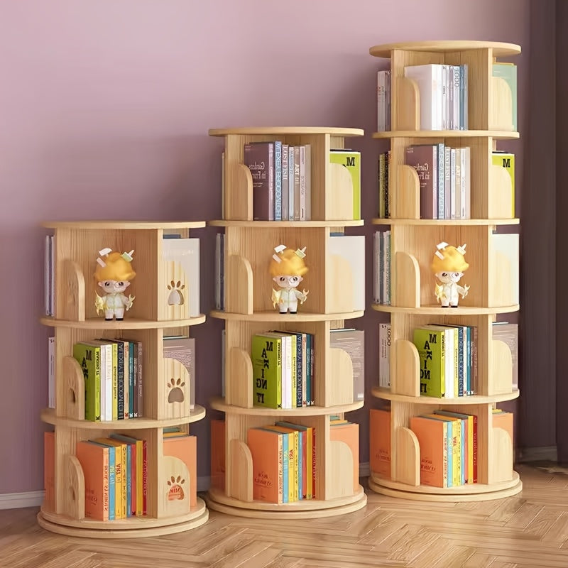 Solid Wood Rotating Bookshelf | 360-Degree Floor-Standing Small Home Bedroom Storage Rack for Picture Books, Wheat-Colored, Holds Approximately 75 Books, No Assembly Required