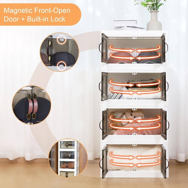 4pcs 140QT Stackable Plastic Storage Bins with Lids and Handles | Foldable Collapsible Closet Organizer with Magnetic and Side Locking, Ideal for Living Room, Office, Garages, Storage Boxes for Organizing