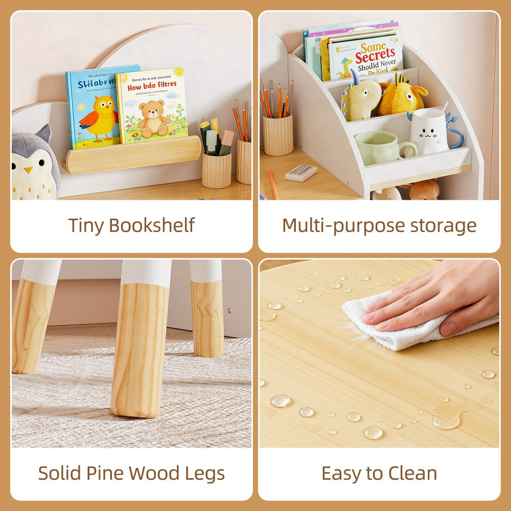 Kids Desk And Chair Set with Storage And 1 Stool, Wooden Kids Desk W\u002F 2 Storage Cabinets And Bookshelves, Children Writing Drawing Table, Student Kid Study Table for Boys, Girls