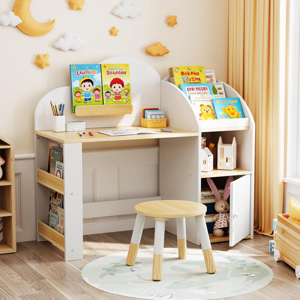 Kids Desk And Chair Set with Storage And 1 Stool, Wooden Kids Desk W\u002F 2 Storage Cabinets And Bookshelves, Children Writing Drawing Table, Student Kid Study Table for Boys, Girls
