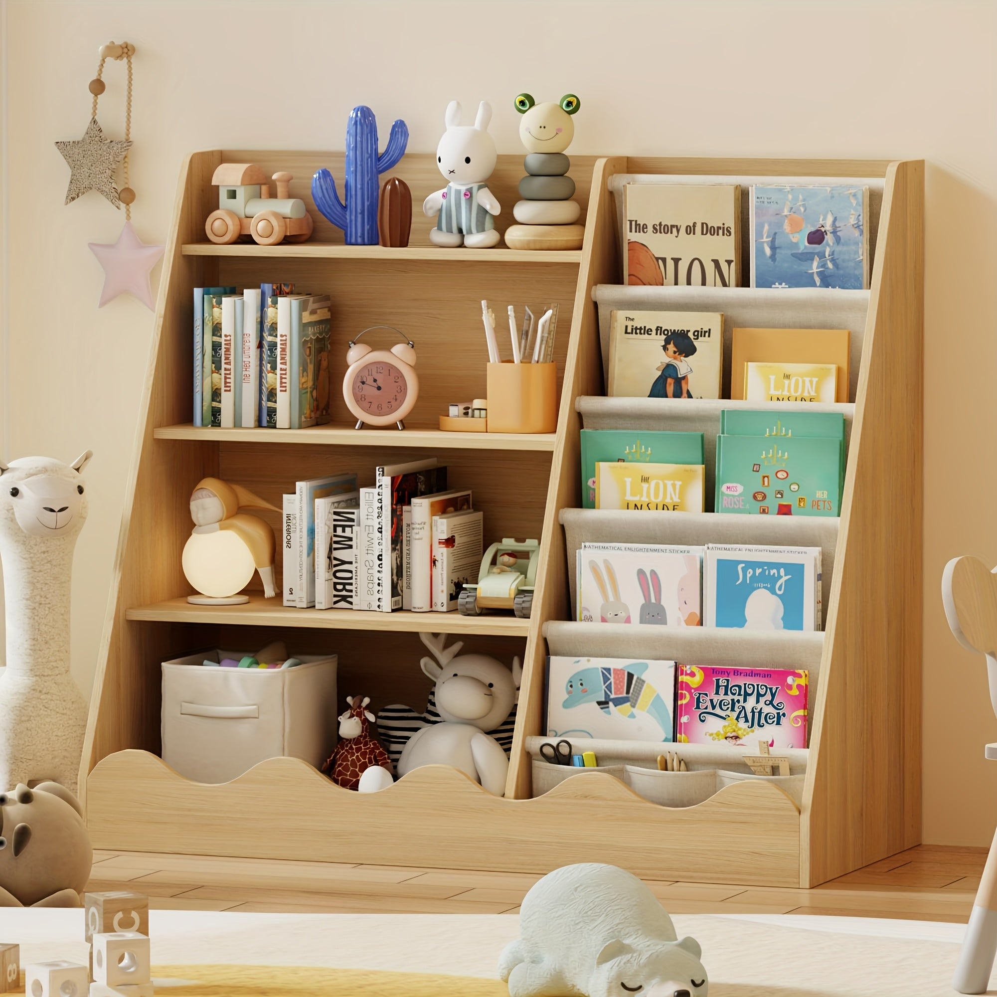 A Four-Level Bookshelf for Kids, a Five-Level Hanging Bookcase for Children, a Storage Unit for Baby Books, an Organizer for Books And Toys, a Display Stand for Books, Ideal for Playrooms, Preschools, Classrooms, Libraries