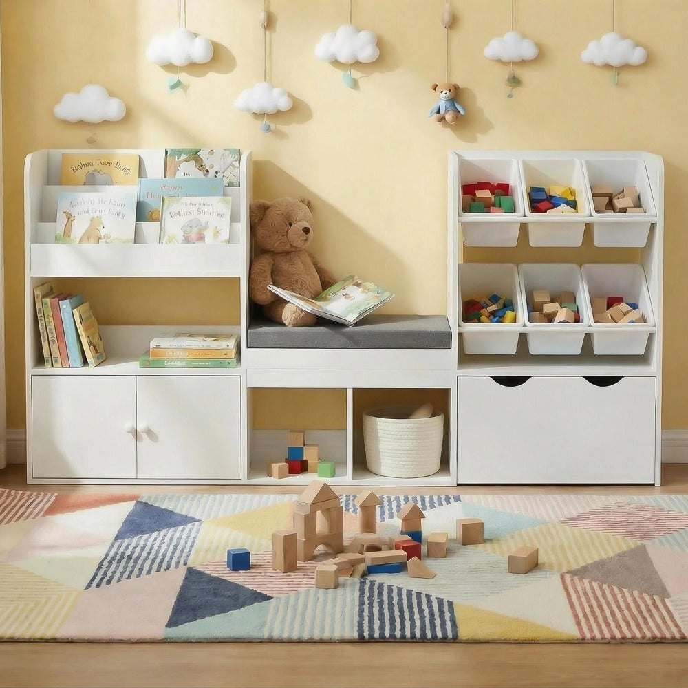 Kids Bookshelf with Reading Nook & Storage Bench, 73' Toy Organizer with Movable Drawer & 6 Removable Bins, Reading Corner Furniture for Playroom (White Toy Bins)
