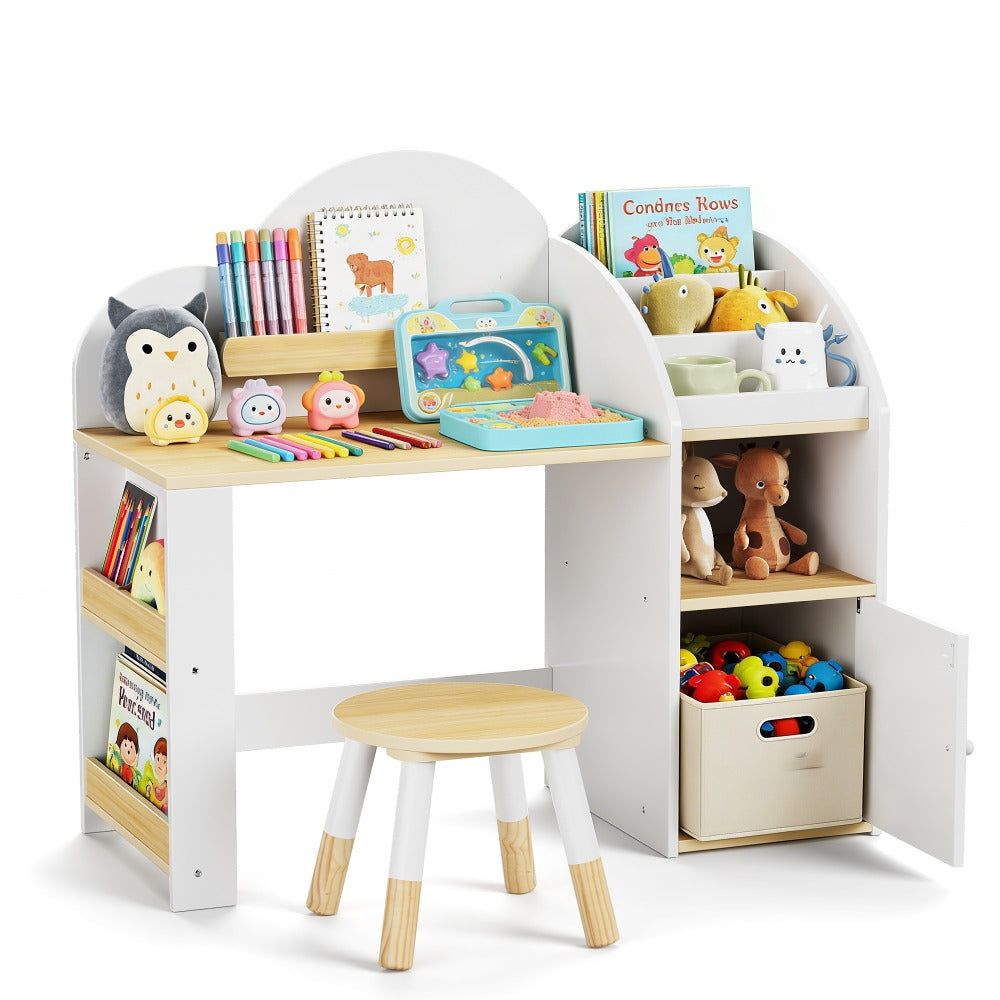 Kids Desk And Chair Set with Storage And 1 Stool, Wooden Kids Desk W\u002F 2 Storage Cabinets And Bookshelves, Children Writing Drawing Table, Student Kid Study Table for Boys, Girls