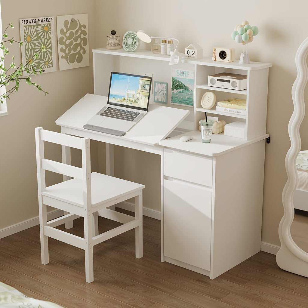 Contemporary Workstation Featuring Adjustable LED Lighting And a Flip-Top Surface, Includes a Drawer, Open Shelving, And a File Cabinet, Accompanied by a Stool, Designed with a Sleek And Minimalist Aesthetic in White